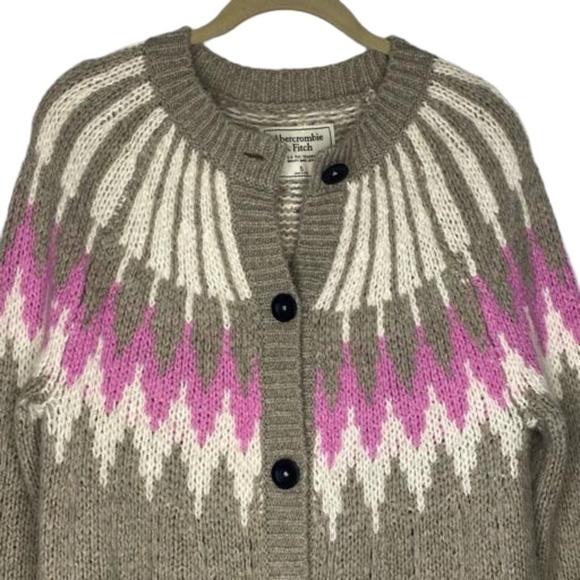 ABERCROMBIE & FITCH Wool Blend Fair Isle Nordic Cardigan Sweater Gray Pink S - Picture 6 of 16